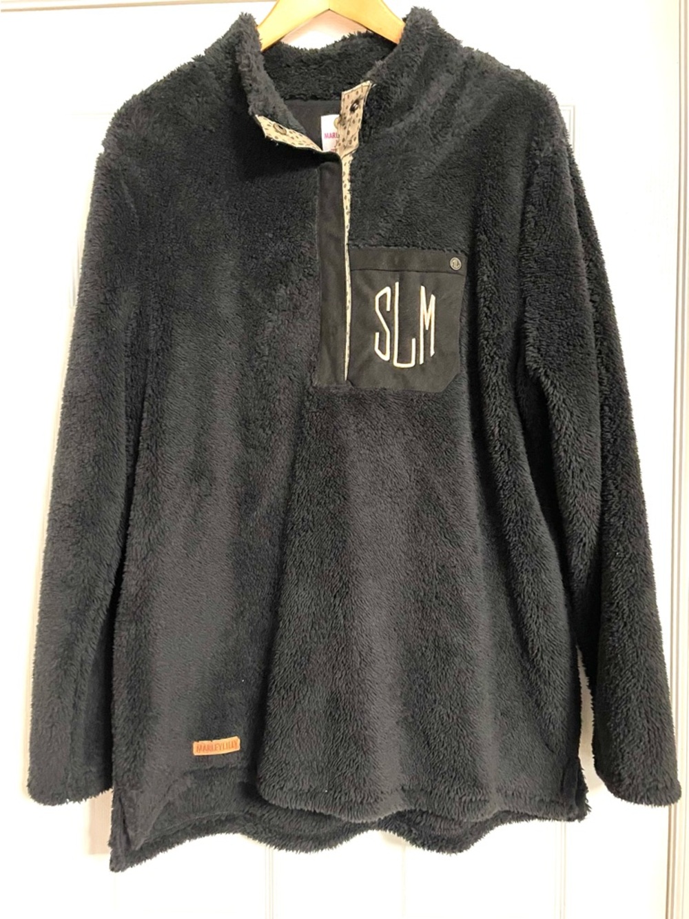 Marleylilly Black Sherpa Pullover with Monogram Pocket SLM